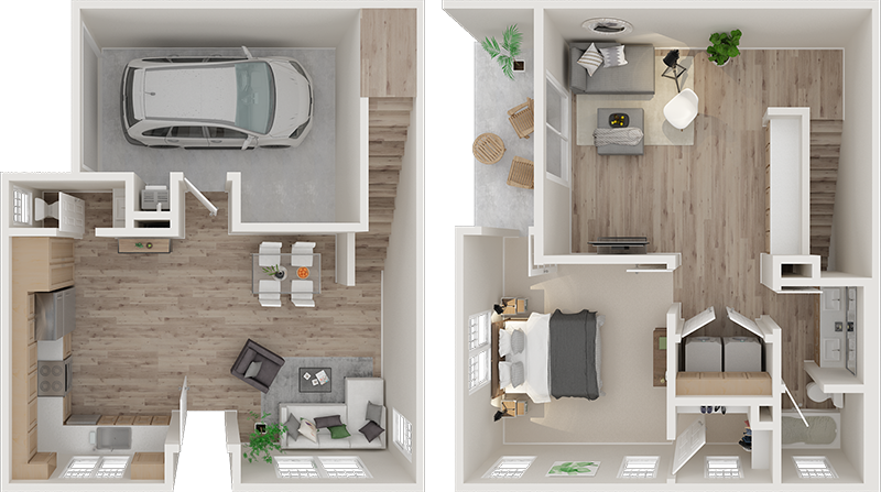 Floor plan for 1 bed, 1.5 baths, 959 sqft